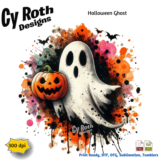 Halloween ghost with jackolantern sublimation design for tumblers, T-Shirts, Wall Art (PNG, SVG Digital Download).