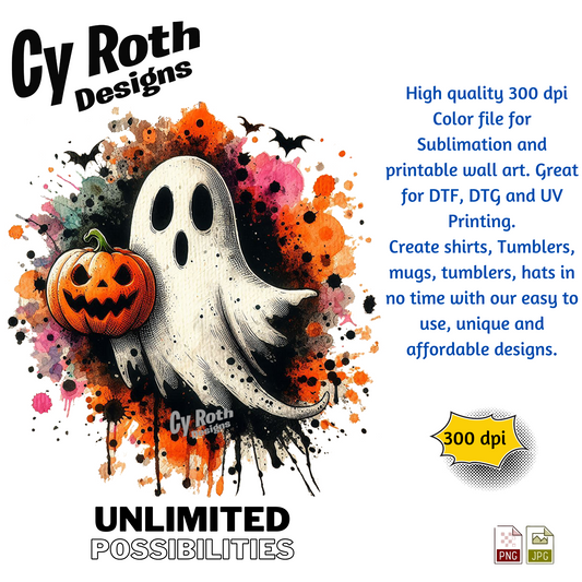 Halloween ghost with jackolantern sublimation design for tumblers, T-Shirts, Wall Art (PNG, SVG Digital Download).