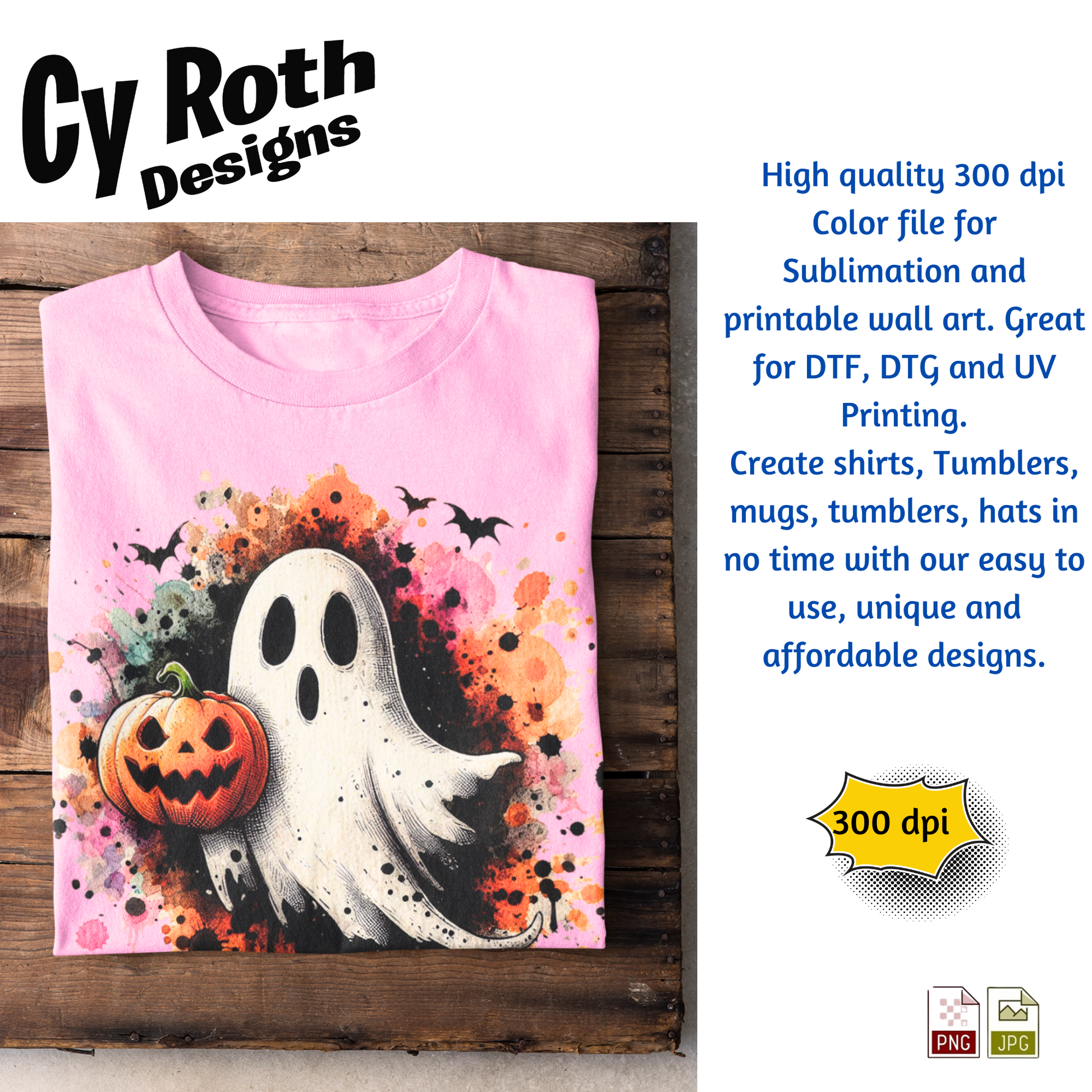 T-shirt with image of Halloween ghost with jacko lantern sublimation design for tumblers, T-Shirts, Wall Art (PNG, SVG Digital Download).