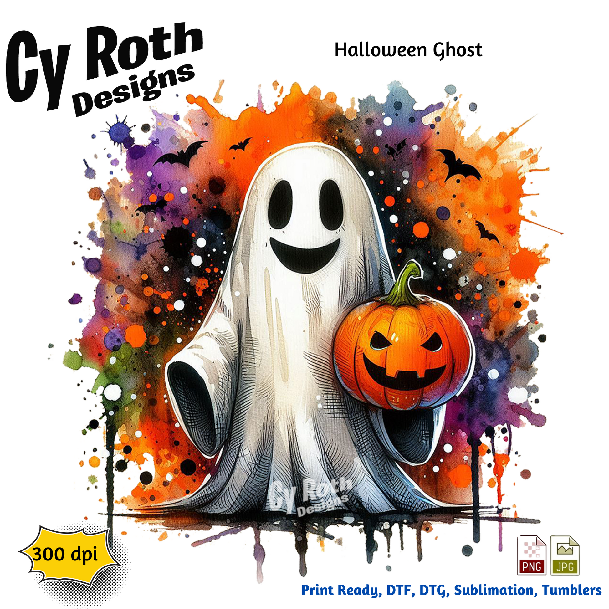 Halloween ghost holding a pumpkin sublimation design for tumblers, T-Shirts, Wall Art (PNG, SVG Digital Download).