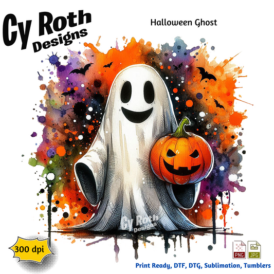 Halloween ghost holding a pumpkin sublimation design for tumblers, T-Shirts, Wall Art (PNG, SVG Digital Download).