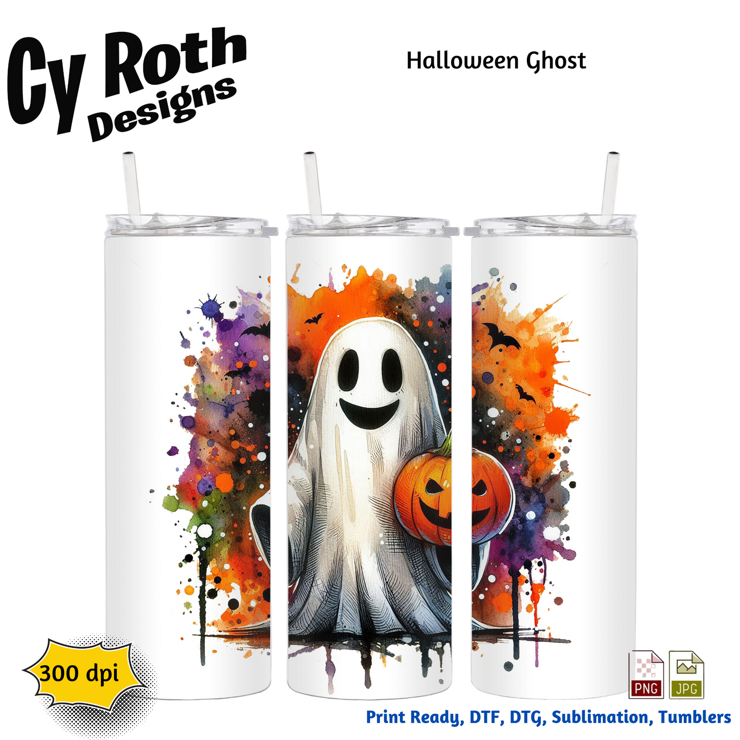 20 oz tumbler showing Halloween ghost holding a pumpkin sublimation design