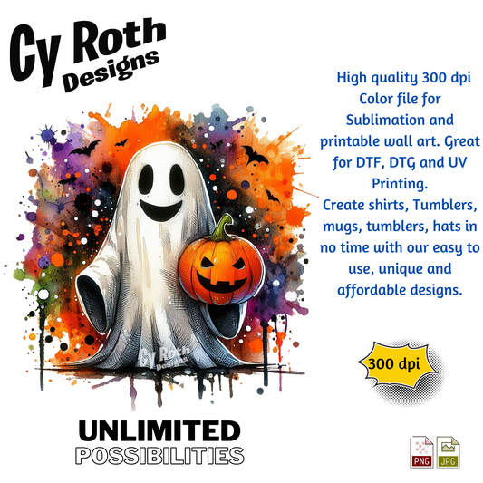 Sublimation design of a Halloween ghost holding a pumpkin for tumblers, T-Shirts, Wall Art (PNG, SVG Digital Download).