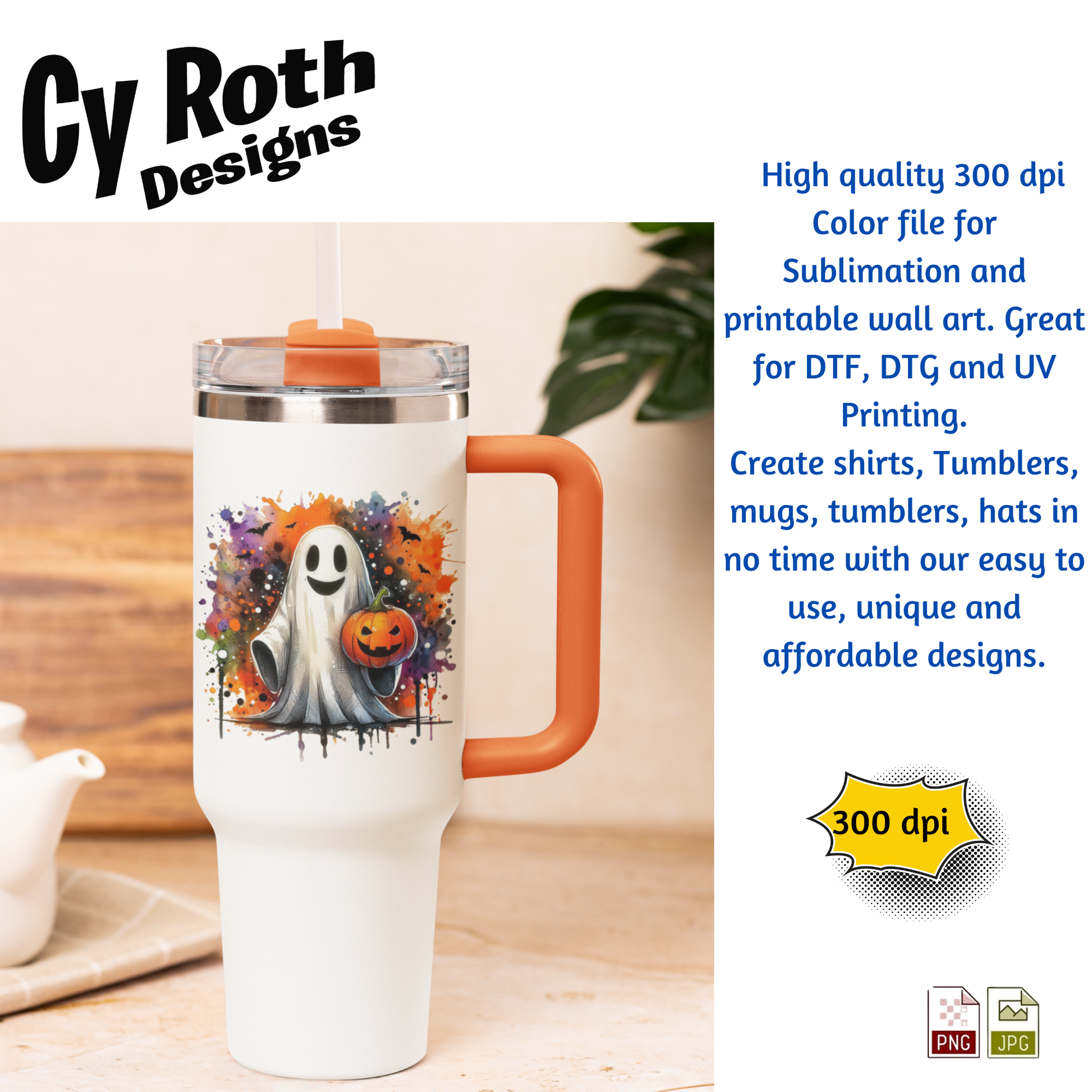 Travel mug with image of a Halloween ghost holding a pumpkin