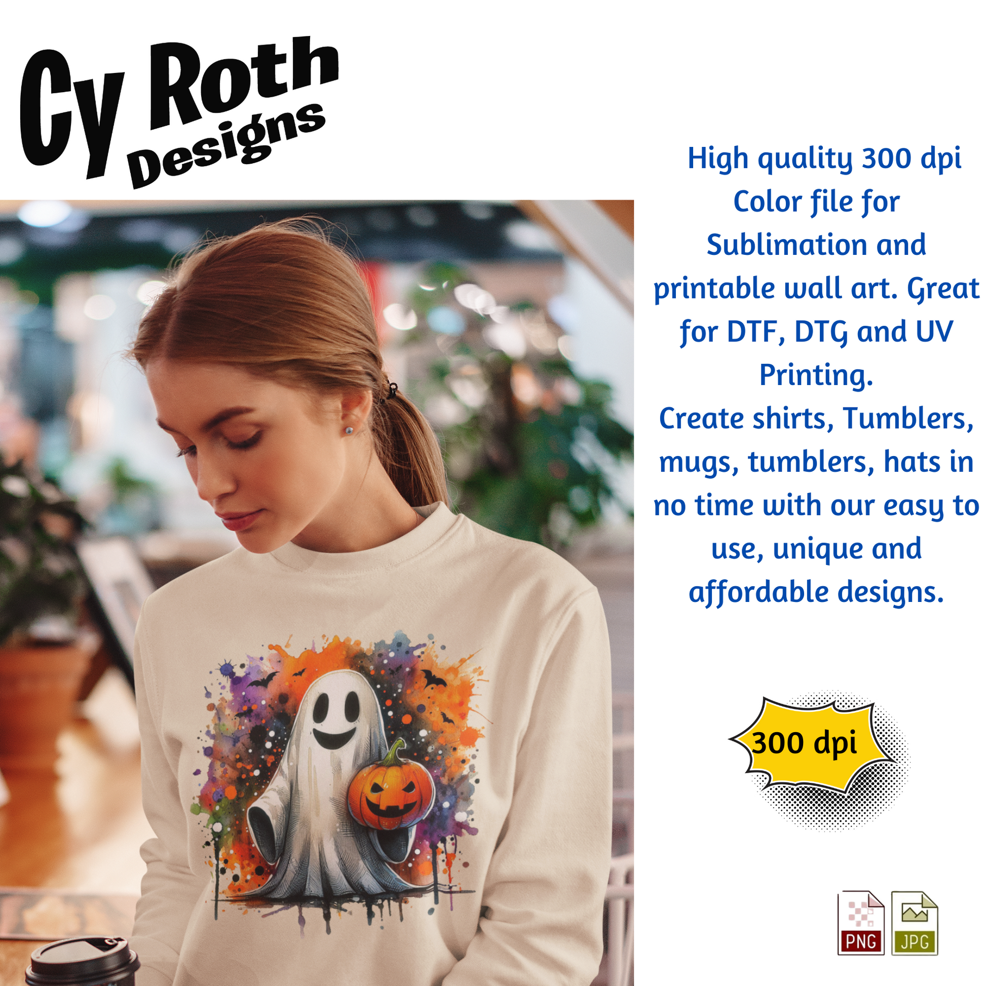 Woman wearing a sweatshirt with a Halloween ghost holding a pumpkin 