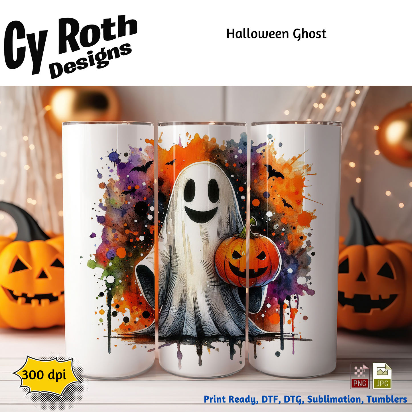 20 oz tumbler with image of a Halloween ghost holding a pumpkin 