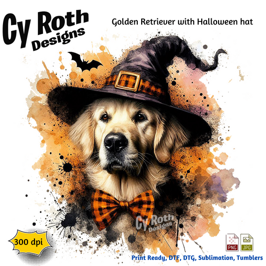 Golden Retriever wearing a Halloween witch hat with Cy Roth Designs branding.