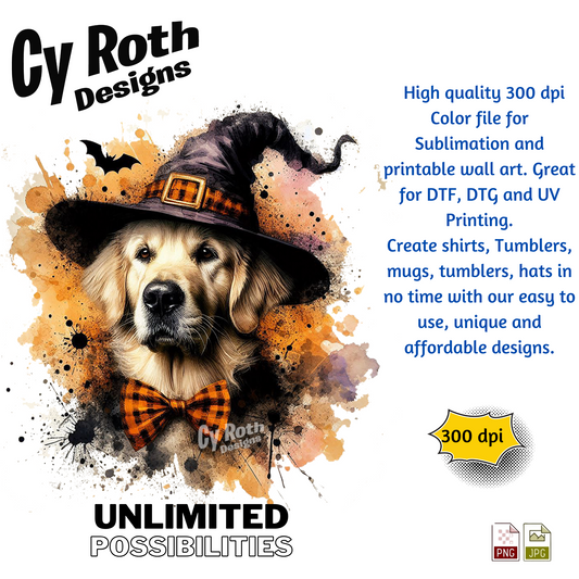Dog wearing a witch hat with Halloween-themed design and promotional text for Cy Roth Designs.