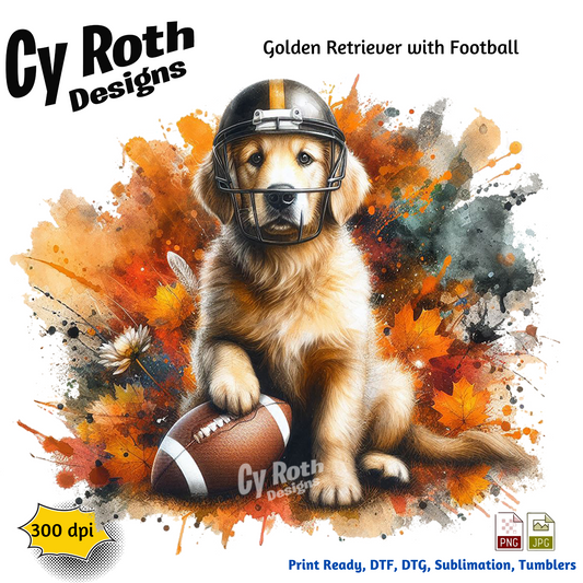 Golden Retriever wearing football helmet sublimation design for tumblers, T-Shirts, Wall Art (PNG, SVG Digital Download).