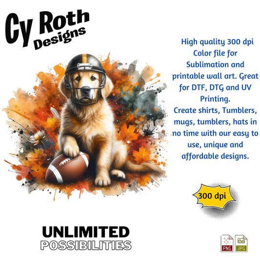 Golden Retriever wearing football helmet sublimation design for tumblers, T-Shirts, Wall Art (PNG, SVG Digital Download).