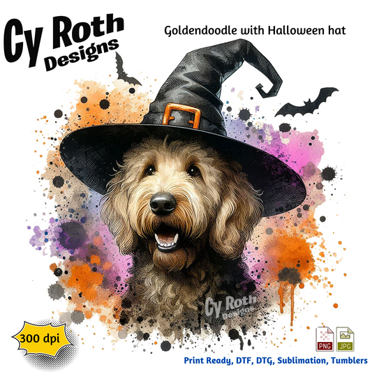 Goldendoodle wearing a witch hat with Halloween-themed background, Cy Roth Designs branding.