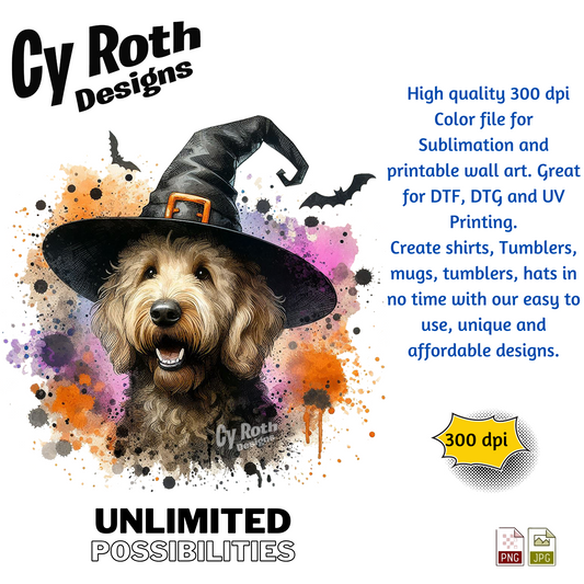 Dog wearing a witch hat with colorful splashes and Cy Roth Designs branding.