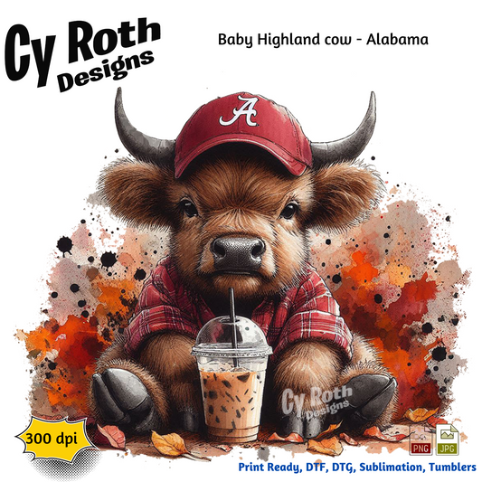 Illustration of a Highland cow wearing an Alabama cap with a drink, branded 'Cy Roth Designs'.