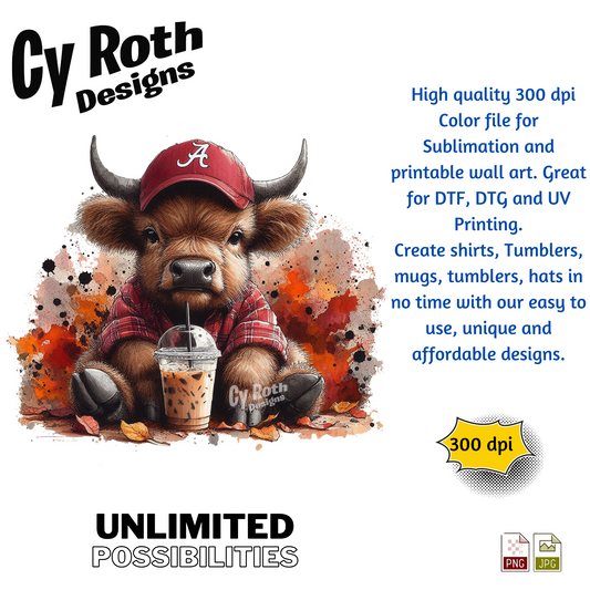 Baby Highland Cow wearing Alabama hat sublimation file to make tumblers, t-Shirts, Printable Wall Art, Sweatshirts. Great to make personalized gifts
