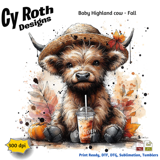 Highland Cow with Fall Decor png file for tumblers, shirts, wall art. Downloadable file.