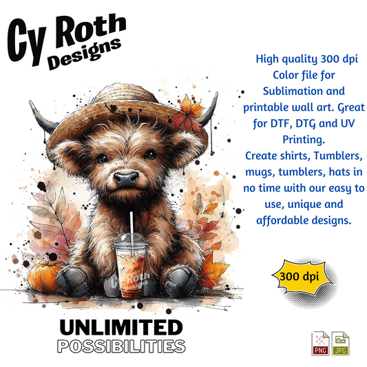 Highland Cow with Fall Decor png file for tumblers, shirts, wall art. Downloadable file.
