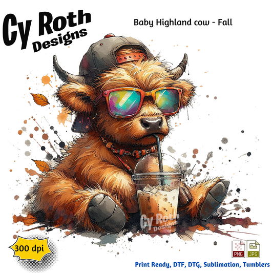 Illustration of a baby Highland cow wearing sunglasses and a cap, sipping a drink with 'Cy Roth Designs' branding.