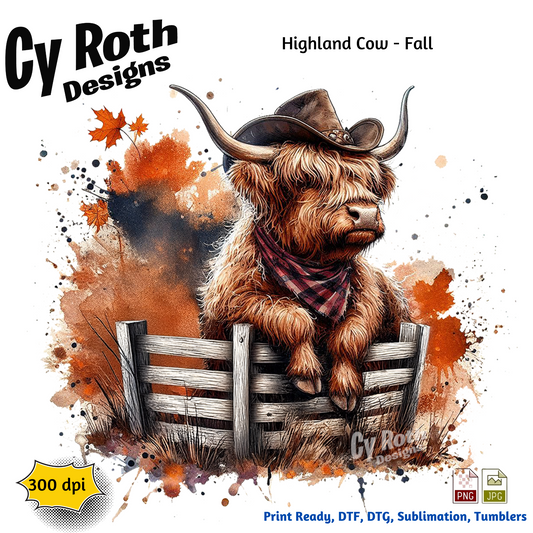 Highland cow wearing a cowboy hat with autumn leaves and splashes of color, featuring Cy Roth Designs branding.