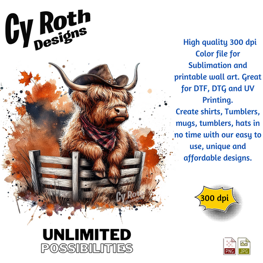 High-quality design of a Highland cow with text about Cy Roth Designs and its uses.