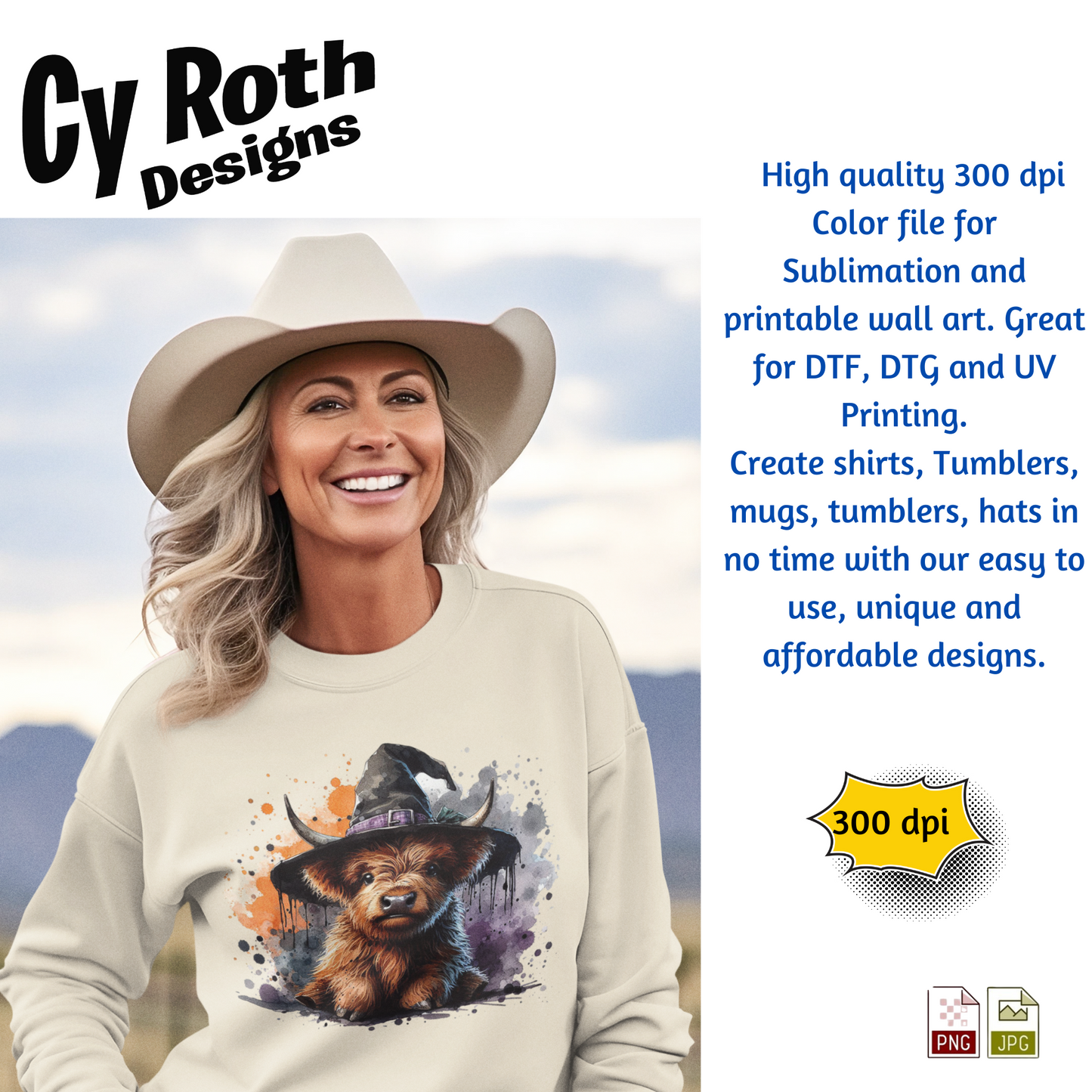 Woman wearing a beige sweatshirt with a highland cow graphic and cowboy hat, set against a mountainous landscape. Cy Roth Designs branding and product details are displayed.
