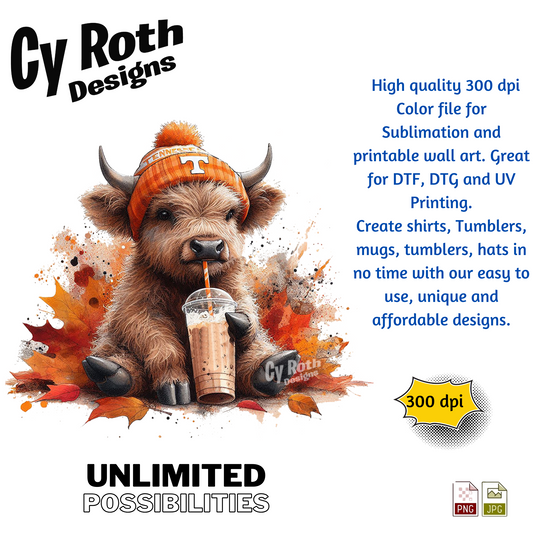Tennessee Highland Cow Sublimation PNG JPG file, Wall Art 20oz skinny Tumbler, shirt PNG, Junk Journal image