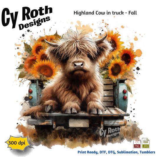 Highland Cow with sunflowers in back of vintage truck with Fall Decor