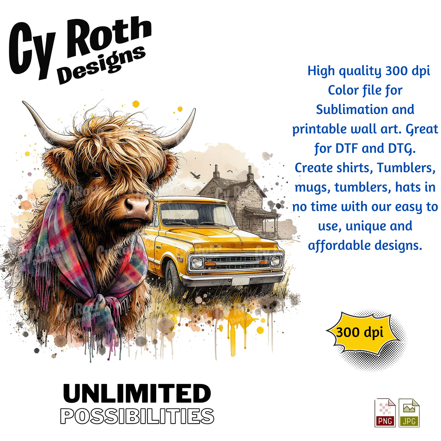 Highland Cow Sublimation PNG JPG file, Wall Art 20oz skinny Tumbler, shirt PNG, Junk Journal image