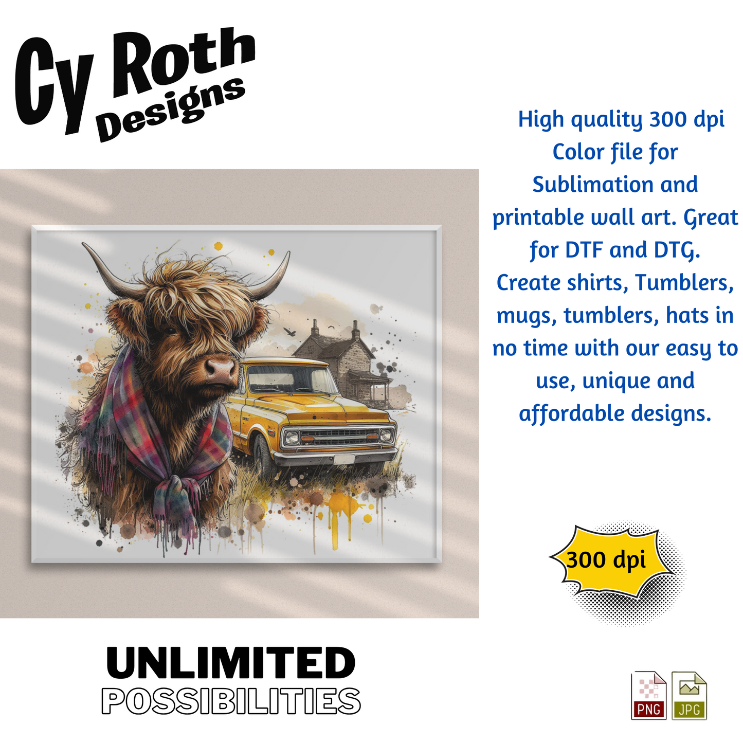 Highland Cow Sublimation PNG JPG file, Wall Art 20oz skinny Tumbler, shirt PNG, Junk Journal image