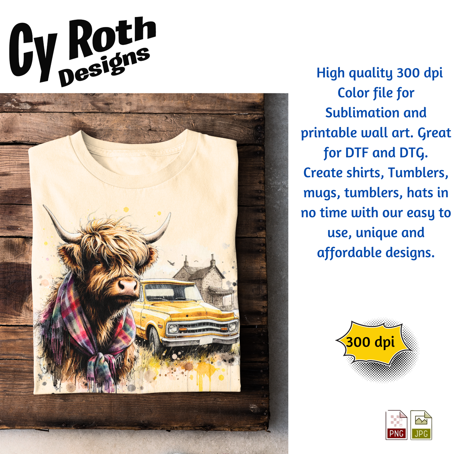 Highland Cow Sublimation PNG JPG file, Wall Art 20oz skinny Tumbler, shirt PNG, Junk Journal image