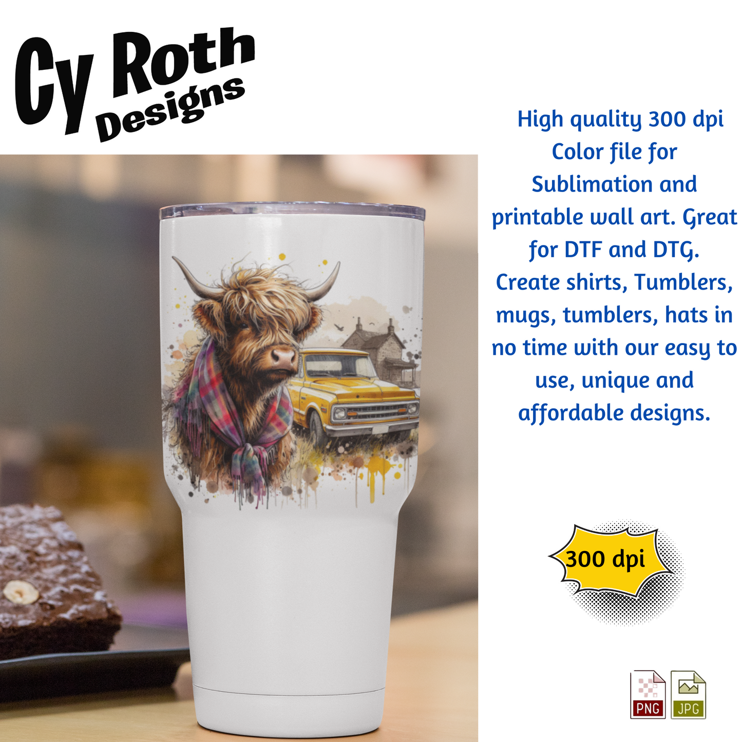 Highland Cow Sublimation PNG JPG file, Wall Art 20oz skinny Tumbler, shirt PNG, Junk Journal image