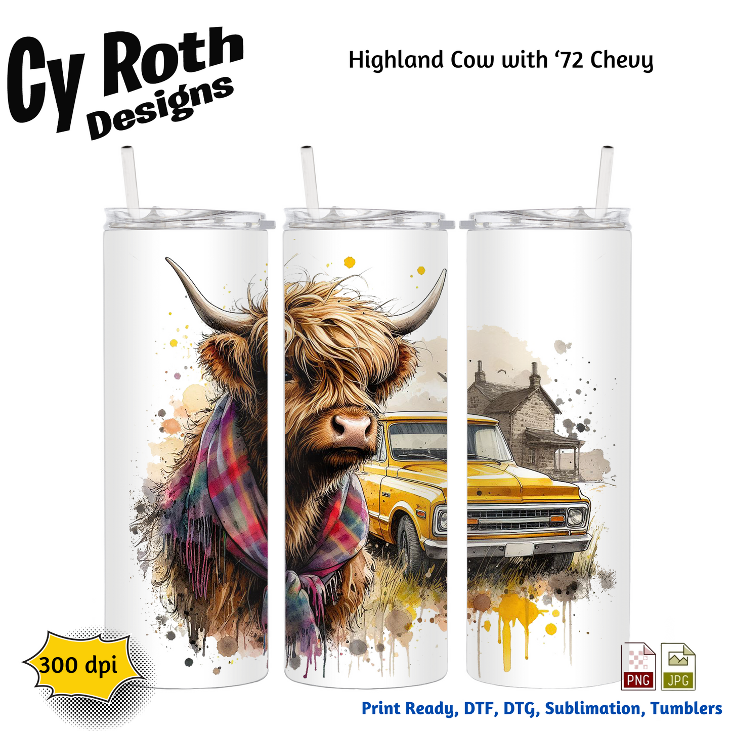 Highland Cow Sublimation PNG JPG file, Wall Art 20oz skinny Tumbler, shirt PNG, Junk Journal image