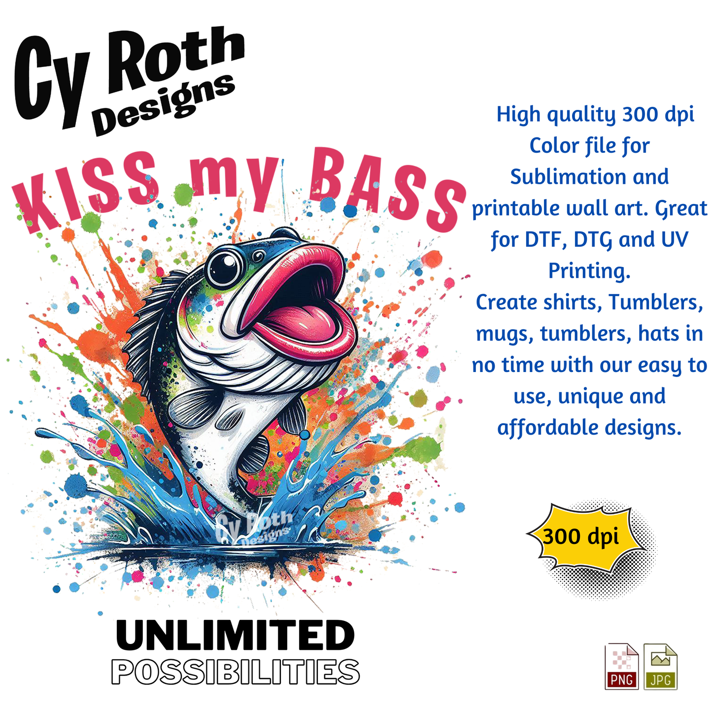 KISS my BASS Sublimation Design: Tumblers, Shirts, Wall Art (PNG, JPG Digital Download)