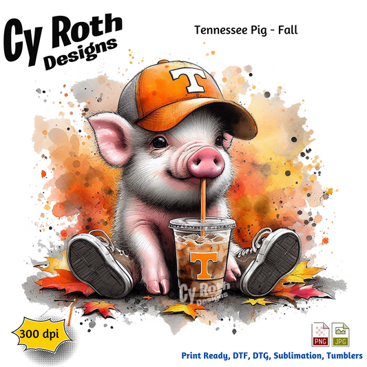 Tennessee Pig with Fall Decor sublimation design to make tumblers, t-Shirts, Printable Wall Art, Sweatshirts. Downloadable file.