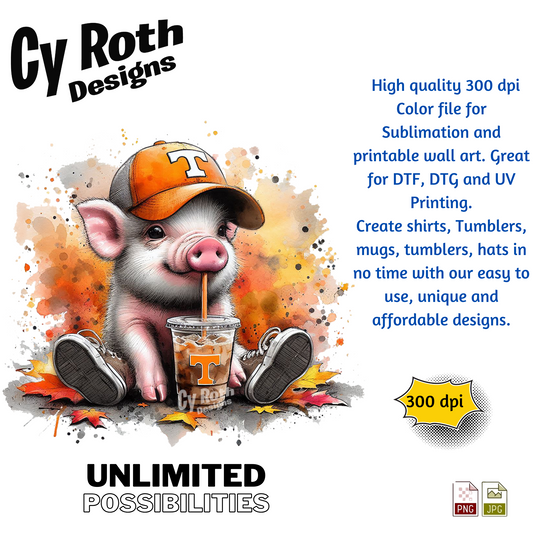 Tennessee Pig with Fall Decor sublimation design to make tumblers, t-Shirts, Printable Wall Art, Sweatshirts. Downloadable file.