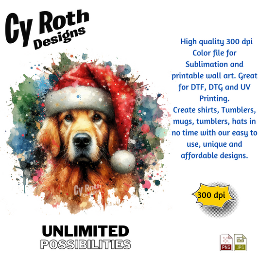 Dog wearing a Santa hat with colorful splashes and promotional text for Cy Roth Designs.