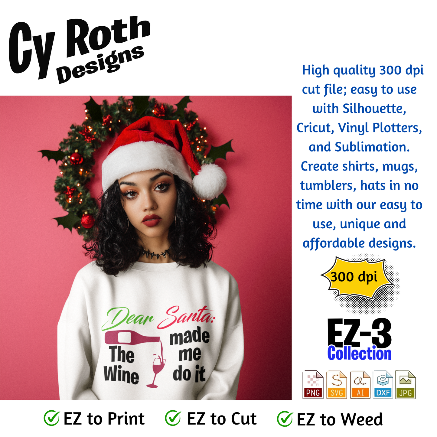 Woman wearing a sweatshirt with Christmas design - Santa The Wine Made Me Do it. 