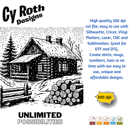 Winter Cabin in the snow svg png jpg ai dxf file, for Silhouette, Cricut, Vinyl Plotters, Laser, CNC and Sublimation. Great for DTF and DTG.