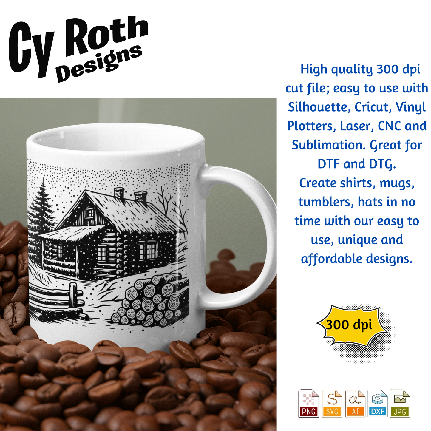 Winter Cabin in the snow svg png jpg ai dxf file, for Silhouette, Cricut, Vinyl Plotters, Laser, CNC and Sublimation. Great for DTF and DTG.
