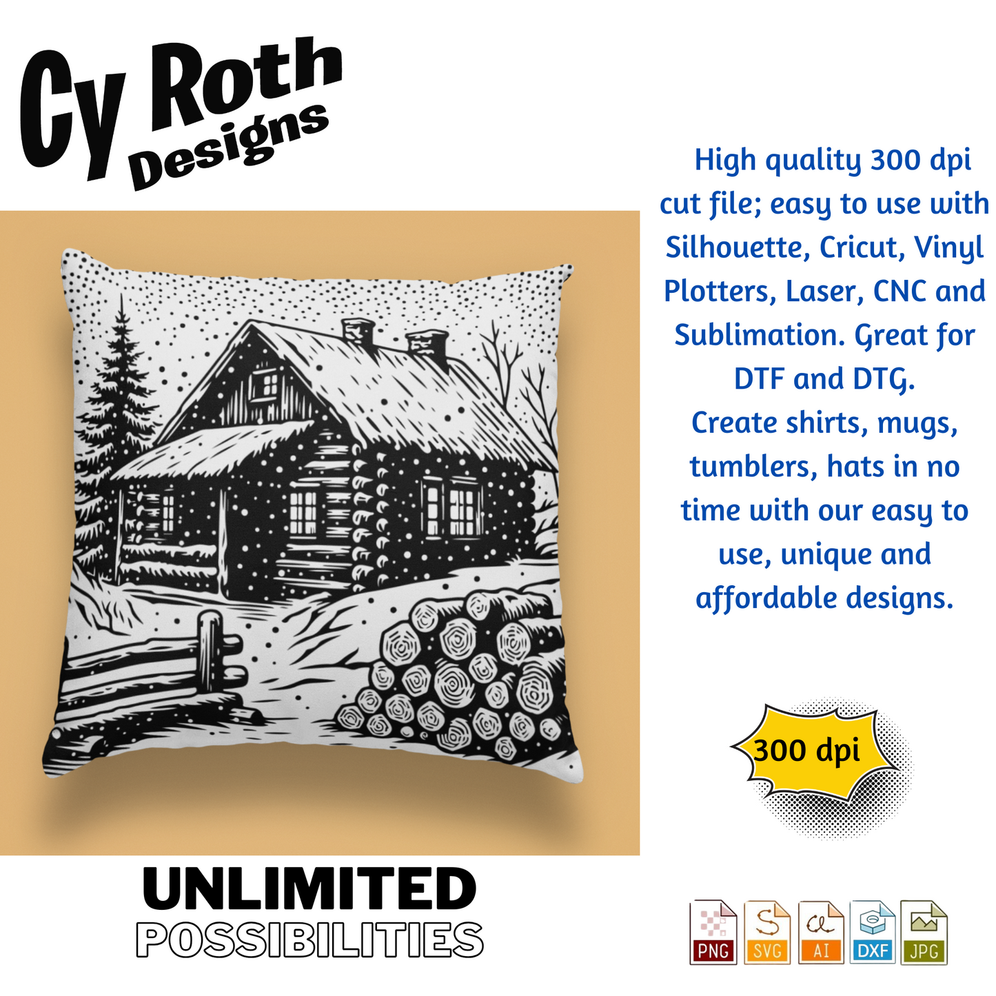 Winter Cabin in the snow svg png jpg ai dxf file, for Silhouette, Cricut, Vinyl Plotters, Laser, CNC and Sublimation. Great for DTF and DTG.