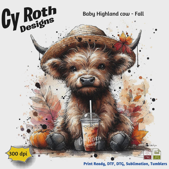 Highland Cow with Fall Decor png file for tumblers, shirts, wall art. Downloadable file.