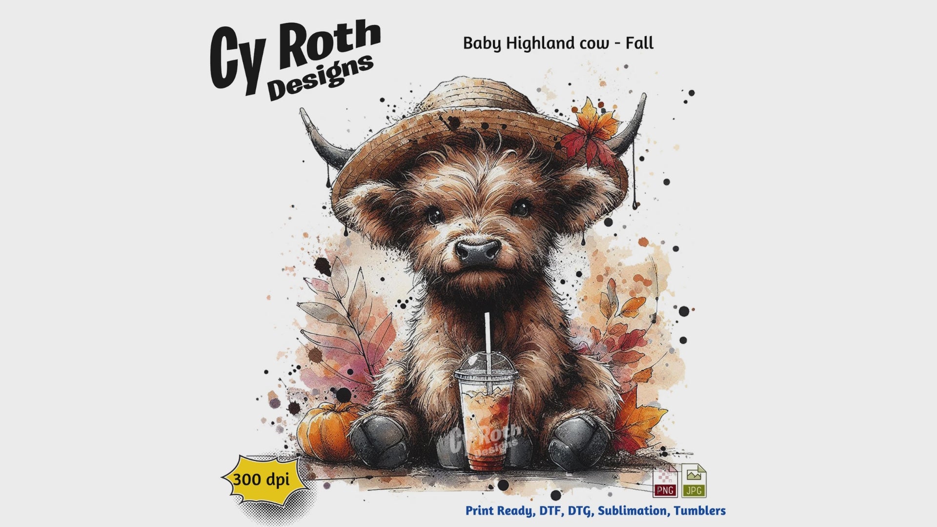 Highland Cow with Fall Decor png file for tumblers, shirts, wall art. Downloadable file.