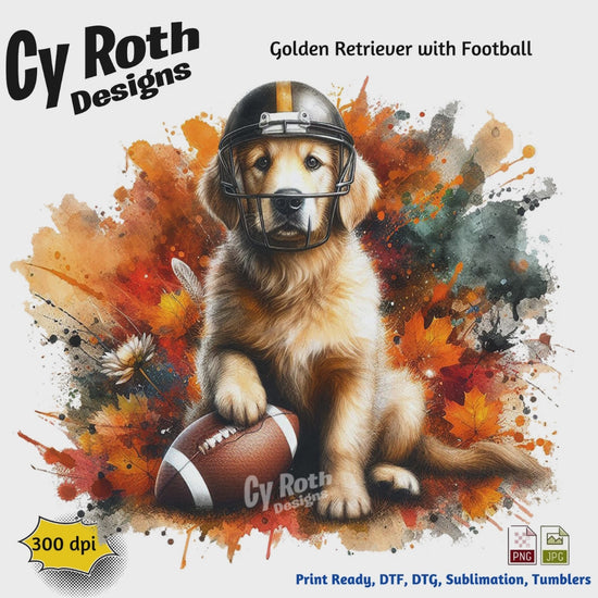 Golden Retriever wearing football helmet sublimation design for tumblers, T-Shirts, Wall Art (PNG, SVG Digital Download).