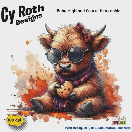 Baby Highland Cow eating a cookie sublimation design for tumblers, T-Shirts, Wall Art (PNG, SVG Digital Download).