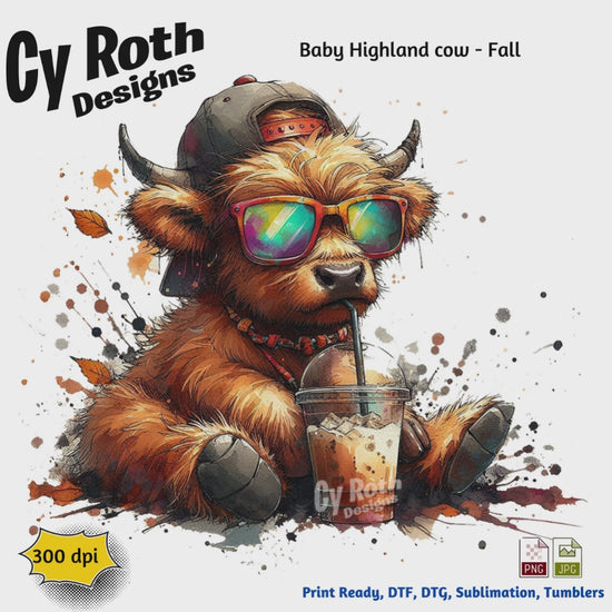Baby Highland Cow with Fall decor. This is a sublimation file to make tumblers, t-Shirts, Printable Wall Art, Sweatshirts. Downloadable file.