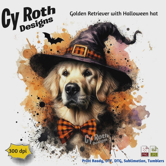 Dog wearing a witch hat with Halloween-themed design and promotional text for Cy Roth Designs.