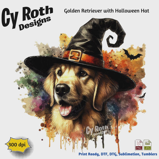 Golden Retriever with Halloween hat sublimation file to make tumblers, t-Shirts, Printable Wall Art, Sweatshirts