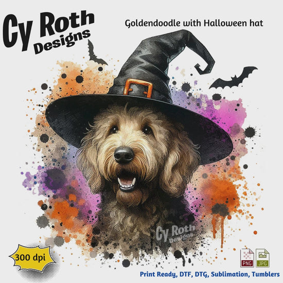 Goldendoodle wearing a witch hat with Halloween-themed background, Cy Roth Designs branding.