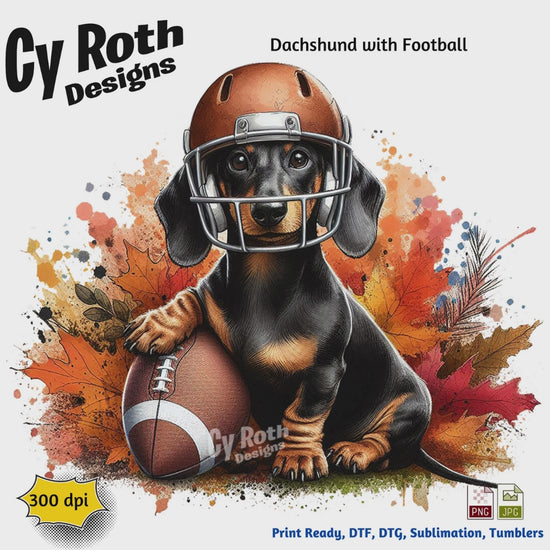 Dachshund wearing football helmet sublimation design for tumblers, T-Shirts, Wall Art (PNG, SVG Digital Download).