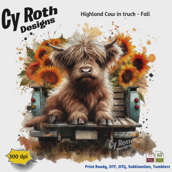 Highland Cow with sunflowers in back of vintage truck with Fall Decor