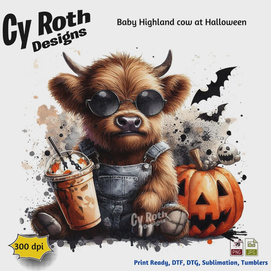 Baby Highland Cow at Halloween sublimation file to make tumblers, t-Shirts, Printable Wall Art, Sweatshirts. Great to make personalized gifts. Popular junk journal image also.